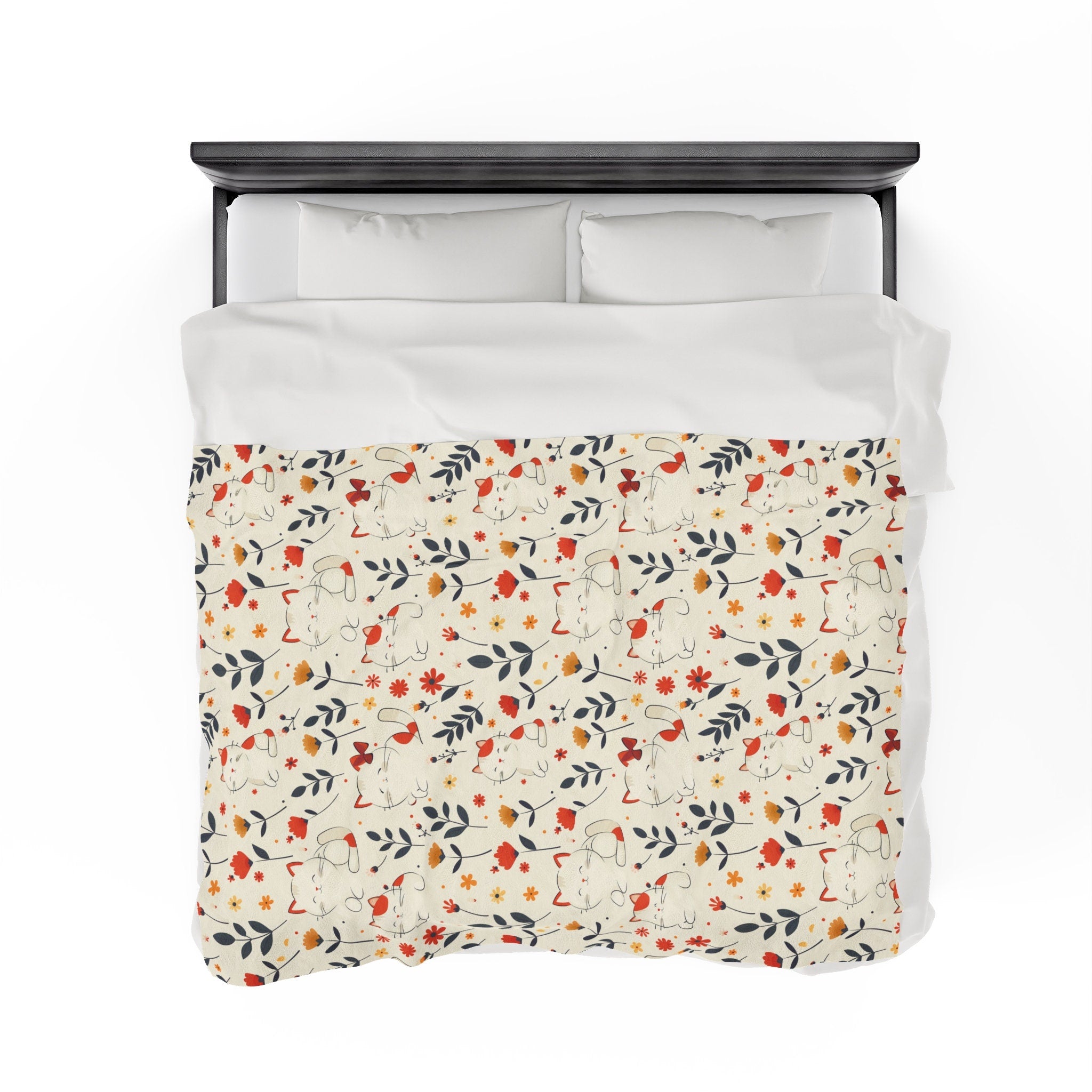 Plush Cat And Flower Blanket, Fuzzy Blanket Throw Decor Cute Kitten Floral Pattern