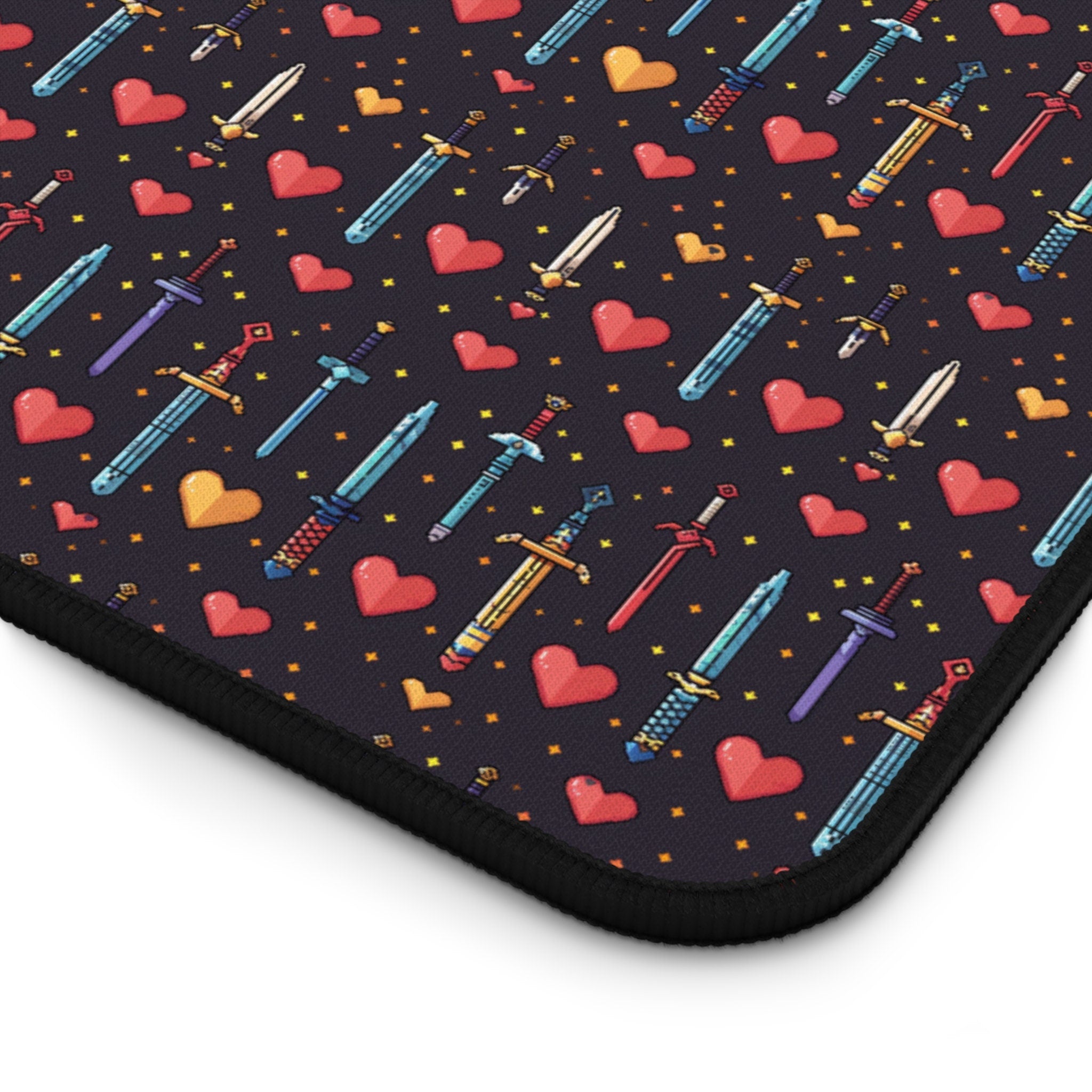 Gamer Desk Mat Pixel Art Gift Sword and Heart Pattern