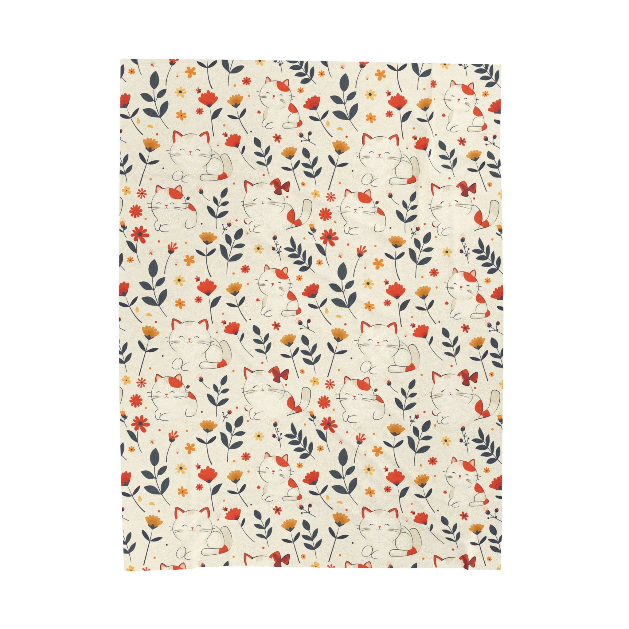 Plush Cat And Flower Blanket, Fuzzy Blanket Throw Decor Cute Kitten Floral Pattern